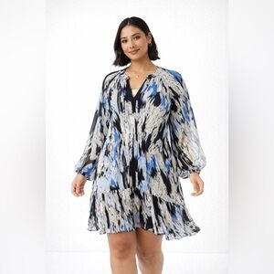 Kaffe Curve Blue and Black Abstract Print Size 52 Long Sleeve Flowy Dress